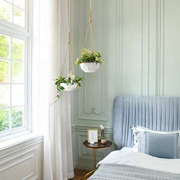 Mkono 9 Inch Ceramic Hanging Planter Indoor Outdoor Modern Geometric Flower Plant Pot White Porcelain Hanging Basket with Polyester Rope Hanger for Herbs Ivy Crawling Plants, Set of 2