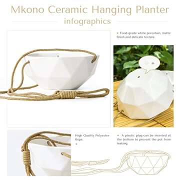 Mkono 9 Inch Ceramic Hanging Planter Indoor Outdoor Modern Geometric Flower Plant Pot White Porcelain Hanging Basket with Polyester Rope Hanger for Herbs Ivy Crawling Plants, Set of 2