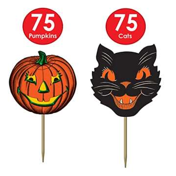 Paper Vintage Halloween Party Food Picks Cat Pumpkin Cupcake Toppers Pack of 3