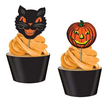 Paper Vintage Halloween Party Food Picks Cat Pumpkin Cupcake Toppers Pack of 3