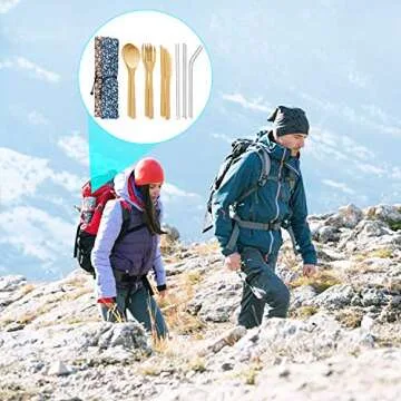 Portable Bamboo Cutlery Set with Stainless Steel Straw