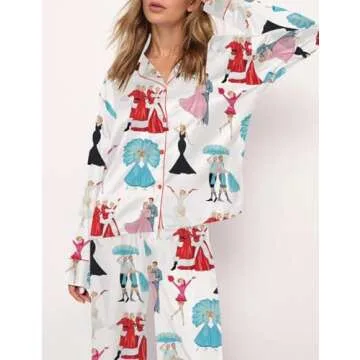 Satin Silk Christmas Pajamas Set for Women Cute Santa Claus Pjs Button Up Shirt+Pants 2 Piece Xmas Jammies (Princess White, S)