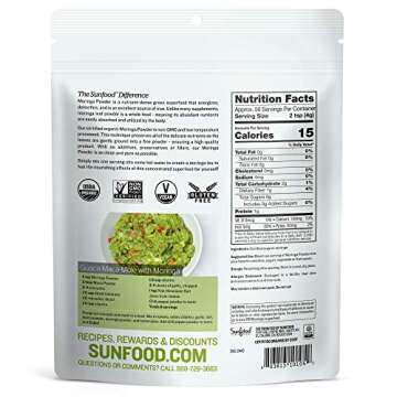 Sunfood Moringa Powder, Organic. Use for hair loss, weight loss. Pure Single Ingredient Product. 8 oz Bag