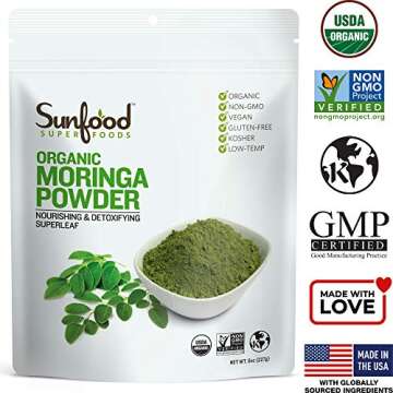 Sunfood Moringa Powder, Organic. Use for hair loss, weight loss. Pure Single Ingredient Product. 8 oz Bag