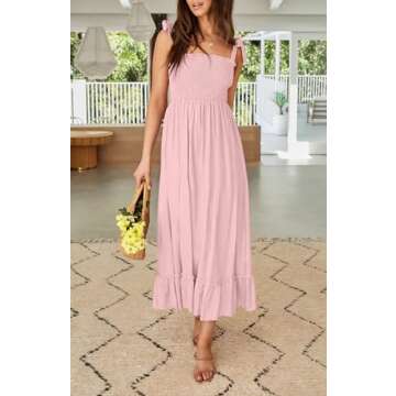 ZESICA Women's 2025 Summer Boho Spaghetti Strap Square Neck Solid Color Ruffle A Line Beach Long Max...