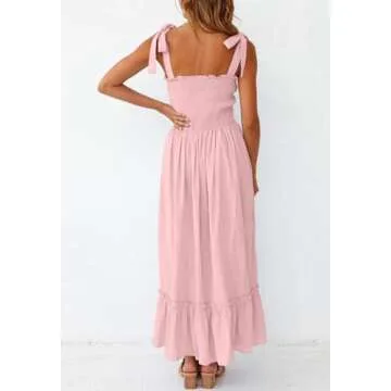 ZESICA Women's 2025 Summer Boho Spaghetti Strap Square Neck Solid Color Ruffle A Line Beach Long Maxi Dress,Pink,X-Large