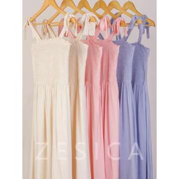 ZESICA Women's 2025 Summer Boho Spaghetti Strap Square Neck Solid Color Ruffle A Line Beach Long Maxi Dress,Pink,X-Large