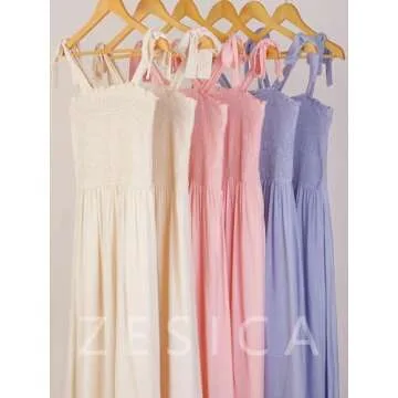 ZESICA Women's 2025 Summer Boho Spaghetti Strap Square Neck Solid Color Ruffle A Line Beach Long Maxi Dress,Pink,X-Large