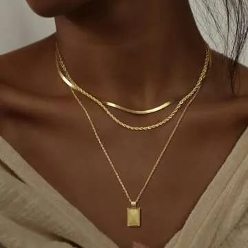 Kyerlyn layered gold necklaces for women，Stackable Simple 14K Gold Plated Chain Necklace Layering Fashion Pendant herringbone Necklaces Trendy gold Jewelry for women trendy Set Gifts