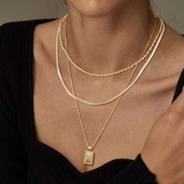Kyerlyn layered gold necklaces for women，Stackable Simple 14K Gold Plated Chain Necklace Layering Fashion Pendant herringbone Necklaces Trendy gold Jewelry for women trendy Set Gifts