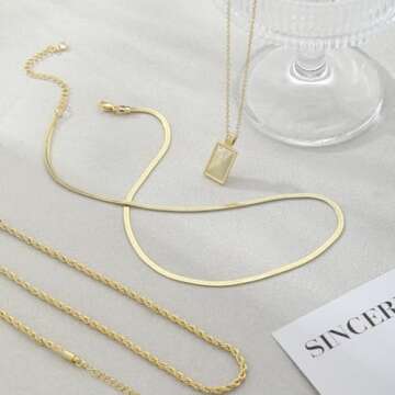 Kyerlyn layered gold necklaces for women，Stackable Simple 14K Gold Plated Chain Necklace Layering Fashion Pendant herringbone Necklaces Trendy gold Jewelry for women trendy Set Gifts