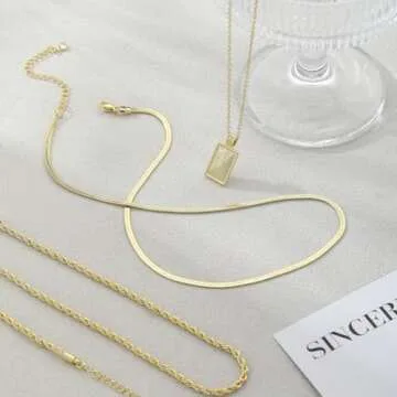 Kyerlyn layered gold necklaces for women，Stackable Simple 14K Gold Plated Chain Necklace Layering Fashion Pendant herringbone Necklaces Trendy gold Jewelry for women trendy Set Gifts