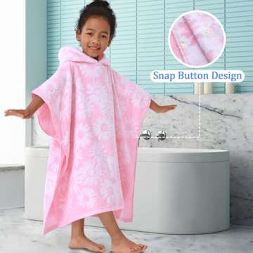 VOOVA & MOVAS Thick Hooded Bath Towel Poncho for Kids (4-8Years) - Soft, Absorbent Turkish Cotton Swim Towel Robe, Perfect for Bathroom | Pool | Swim, Jacquard, Pink with White Daisy Theme