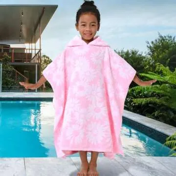 VOOVA & MOVAS Thick Hooded Bath Towel Poncho for Kids (4-8Years) - Soft, Absorbent Turkish Cotton Swim Towel Robe, Perfect for Bathroom | Pool | Swim, Jacquard, Pink with White Daisy Theme