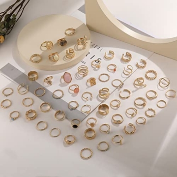 17KM 60 Pcs Gold Stackable Rings Women Vintage Non-Tarnish