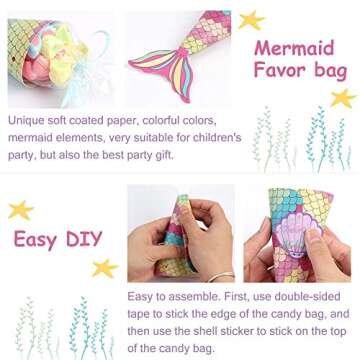 OurWarm 48pcs Mermaid Party Favors Bags Mermaid Gift Bags with Shell Stickers for Kids Birthday Party Baby Shower Decorations Mermaid Party Supplies
