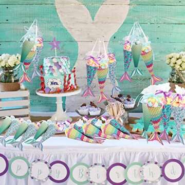OurWarm 48pcs Mermaid Party Favors Bags Mermaid Gift Bags with Shell Stickers for Kids Birthday Party Baby Shower Decorations Mermaid Party Supplies