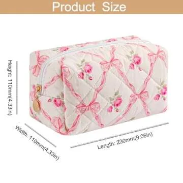 HHQQWZ Makeup Bag Travel Cosmetic Bag for Women Girls, Zipper Make Up Pouch, Floral Flowers Toiletry Organizer Makeup, Portable Storage Bag, Cosmetic Travel Cloth Bag (Pink Bowknot/Gold Zipper)