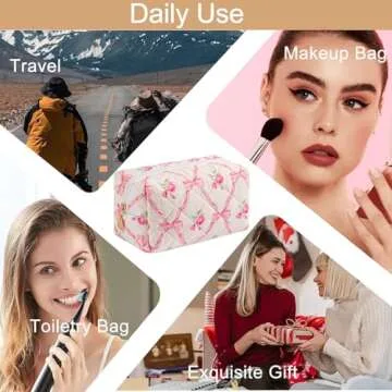 HHQQWZ Makeup Bag Travel Cosmetic Bag for Women Girls, Zipper Make Up Pouch, Floral Flowers Toiletry Organizer Makeup, Portable Storage Bag, Cosmetic Travel Cloth Bag (Pink Bowknot/Gold Zipper)