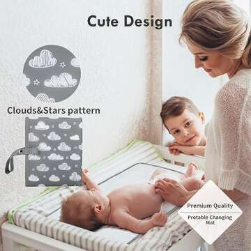 Portable Diaper Changing Pad for Baby - Waterproof Compact Changing Mat with Wrist Strap - Wipeable Travel Changing Pad for Diaper Bag - Gifts for Baby Shower by PHOEBUS BABY(Doodle Clouds)
