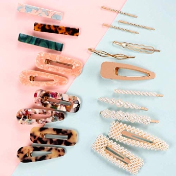 Syeenify Fashion Hair Clips Set, 20 PCS Pearls Hair Clips Acrylic Resin Hair Barrettes, Hollow Geometric Hair Clip Hairpins for Women Girls and Ladies Headwear Styling Tools