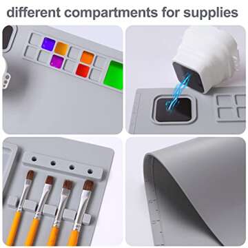 AWOKE Silicone Painting Mat - 20"X16" Silicone Art Mat with 1 Water Cup for Kids - Silcone Craft Mat has12 Color Dividers - 2 Paint Dividers (Grey)