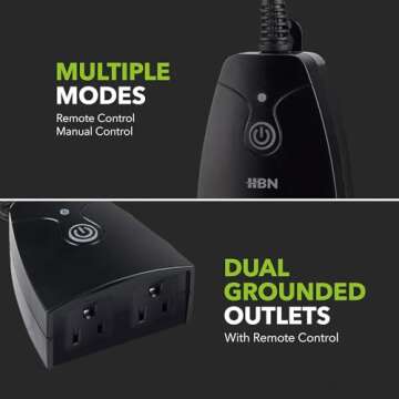 HBN Outdoor Indoor Wireless Remote Control Dual 3-Prong Outlet Weatherproof Heavy Duty 15 A Compact ...