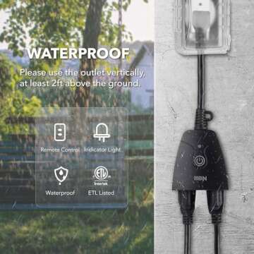 HBN Outdoor Indoor Wireless Remote Control Dual 3-Prong Outlet Weatherproof Heavy Duty 15 A Compact 2 Grounded Outlets with Remote 6-inch Cord 100ft Range ETL Listed (Battery Included)