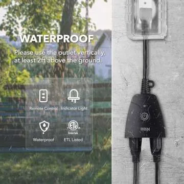 HBN Outdoor Indoor Wireless Remote Control Dual 3-Prong Outlet Weatherproof Heavy Duty 15 A Compact 2 Grounded Outlets with Remote 6-inch Cord 100ft Range ETL Listed (Battery Included)