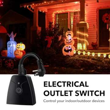 HBN Outdoor Indoor Wireless Remote Control Dual 3-Prong Outlet Weatherproof Heavy Duty 15 A Compact 2 Grounded Outlets with Remote 6-inch Cord 100ft Range ETL Listed (Battery Included)