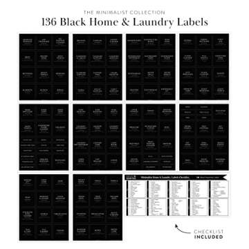 Black Laundry Labels for Jars, 136 Preprinted Home and Laundry Label Stickers for Storage Bins, Cleaning Jars, Spray Bottles, Linen Closet, Household Organization