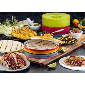 Tortilla Warmer, by Kook, Tortilla Holder, Taco Bar, Ceramic Hand-Painted with Lid, Authentic, Microwavable Storage Container, Dishwasher Safe, 8.5 Inch, Multicolor