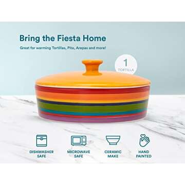 Tortilla Warmer, by Kook, Tortilla Holder, Taco Bar, Ceramic Hand-Painted with Lid, Authentic, Microwavable Storage Container, Dishwasher Safe, 8.5 Inch, Multicolor