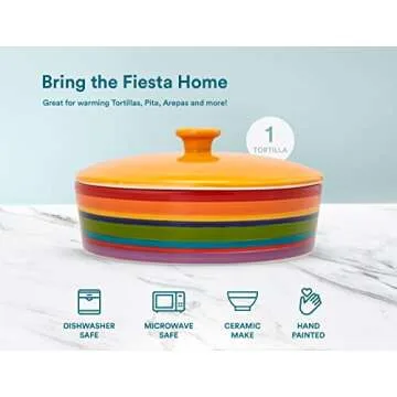 Tortilla Warmer, by Kook, Tortilla Holder, Taco Bar, Ceramic Hand-Painted with Lid, Authentic, Microwavable Storage Container, Dishwasher Safe, 8.5 Inch, Multicolor