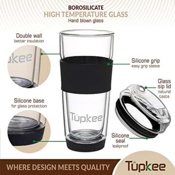 Tupkee Double Wall Glass Tumbler - 14-Ounce, All Glass Reusable Insulated Tea/Coffee Mug & Lid, Hand...