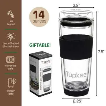 Tupkee Double Wall Glass Tumbler - 14-Ounce, All Glass Reusable Insulated Tea/Coffee Mug & Lid, Hand Blown Glass Travel Mug - Black