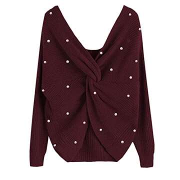 Sexyshine Women's V Neck Criss Cross Backless Pearl Long Batwing Sleeve Loose Knitted Sweater Pullov...