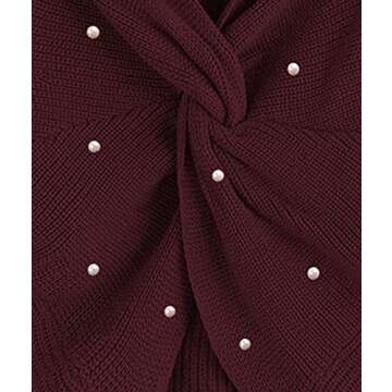 Sexyshine Women's V Neck Criss Cross Backless Pearl Long Batwing Sleeve Loose Knitted Sweater Pullovers,Wine