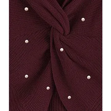 Sexyshine Women's V Neck Criss Cross Backless Pearl Long Batwing Sleeve Loose Knitted Sweater Pullovers,Wine