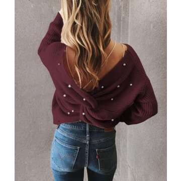 Sexyshine Women's V Neck Criss Cross Backless Pearl Long Batwing Sleeve Loose Knitted Sweater Pullovers,Wine