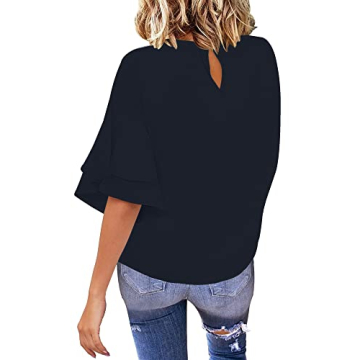 luvamia Women's Navy Blue Casual 3/4 Tiered Bell Sleeve Crewneck Loose Tops Blouses Shirt Size L