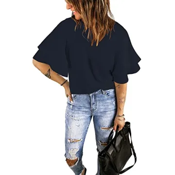 luvamia Women's Navy Blue Casual 3/4 Tiered Bell Sleeve Crewneck Loose Tops Blouses Shirt Size L