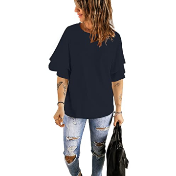 luvamia Women's Navy Blue Casual 3/4 Tiered Bell Sleeve Crewneck Loose Tops Blouses Shirt Size L