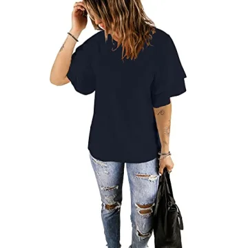 luvamia Women's Navy Blue Casual 3/4 Tiered Bell Sleeve Crewneck Loose Tops Blouses Shirt Size L