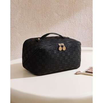 EACHY Travel Makeup Bag, Large Capacity Cosmetic Bags for Women, Waterproof Portable Open Flat Toiletry Bag Make up Bag with Divider and Handle, Gifts for Women (LD-Black, Large)