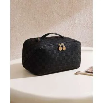 EACHY Travel Makeup Bag, Large Capacity Cosmetic Bags for Women, Waterproof Portable Open Flat Toiletry Bag Make up Bag with Divider and Handle, Gifts for Women (LD-Black, Large)