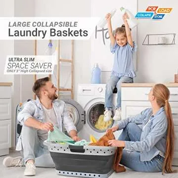 Pop & Load Collapse and Store Collapsible Plastic Laundry Basket: Large, 10.5 Gallons, Gray, 3 Comfo...