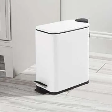 mDesign Slim Metal Rectangle 1.3 Gallon/5 Liter Trash Can with Step Pedal, Easy-Close Lid, Removable Liner - Narrow Wastebasket Garbage Container Bin for Bathroom, Bedroom, Kitchen - Matte White