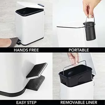 mDesign Slim Metal Rectangle 1.3 Gallon/5 Liter Trash Can with Step Pedal, Easy-Close Lid, Removable Liner - Narrow Wastebasket Garbage Container Bin for Bathroom, Bedroom, Kitchen - Matte White