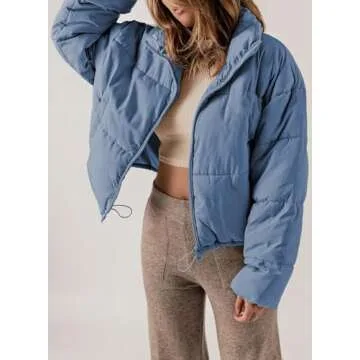 Dokotoo Winter Coats for Women Fashion Full Zipper Front Puffer Jacket Oversized Baggy Drop Shoulder Long Sleeve High Neck Quilted Padded Jackets Warm Windbreaker Outwear with Pockets Blue M